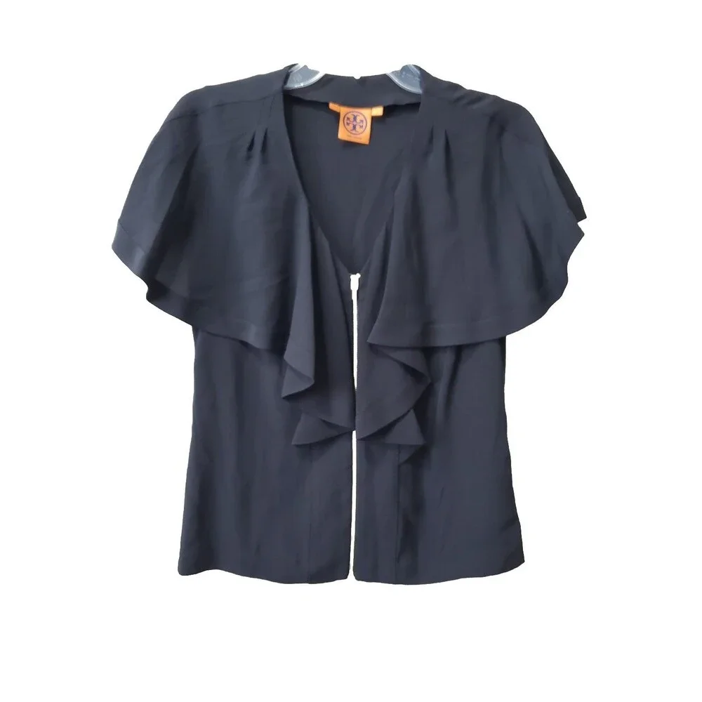Tory Burch Black Silk Ruffle Zip Front Blouse Size 2